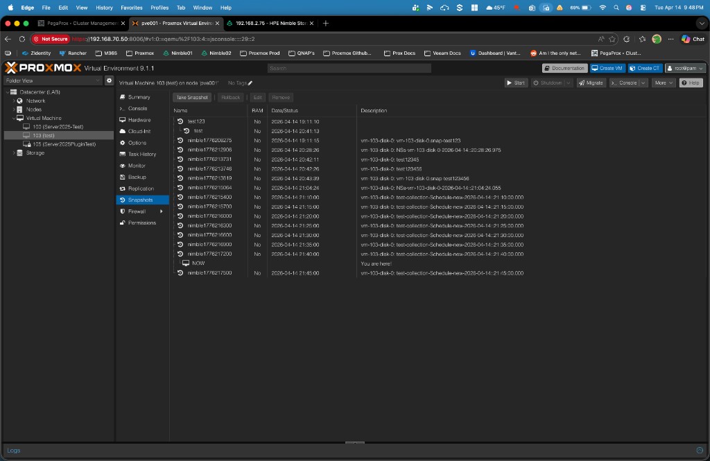 Proxmox VE — VM 100 (UbuntuTest) Snapshots tab showing Nimble-imported array snapshots with nimble-prefixed names and per-volume descriptions from the array