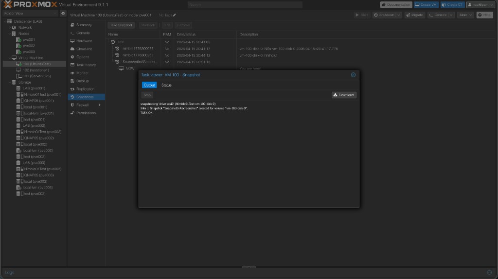 Proxmox task viewer for VM 100 Snapshot: output shows "snapshoting /drive scsi0/ (Nimble01Test:vm-100-disk-0)" followed by "Snapshot 'SnapshotAScreenShot' created for volume 'vm-100-disk-0'" and TASK OK
