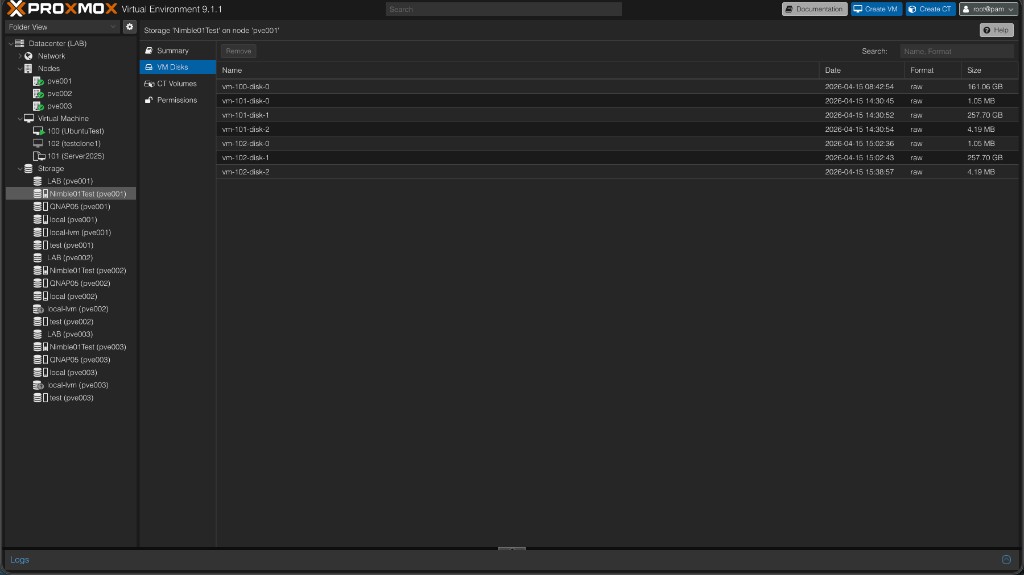 Proxmox VE — Nimble01Test storage VM Disks view listing individual volumes per VM: vm-100-disk-0 (161 GB), vm-101 with a 257 GB primary disk plus small EFI volumes, vm-102 with the same layout, all raw format on the Nimble array