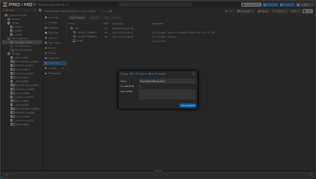 Proxmox — Create VM Snapshot dialog with name "SnapshotAScreenShot" entered; existing Nimble-imported snapshots with nimble-prefixed names visible in the snapshot list behind the dialog